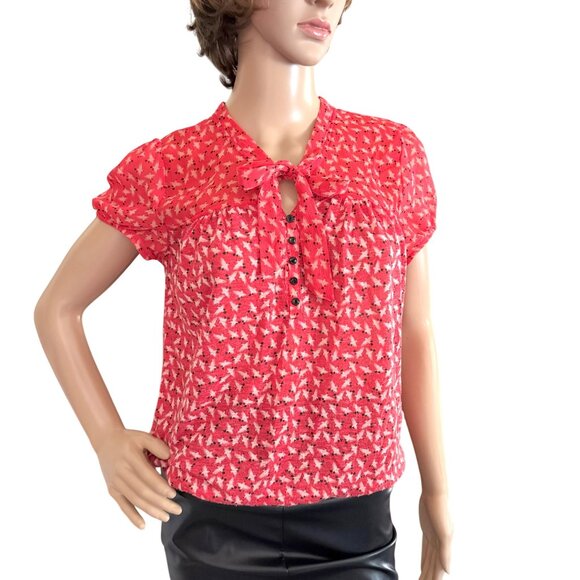 Ann Taylor Loft Blouse Size XS Red Print Birds Tie Neck Textured Romance Top - Picture 12 of 13